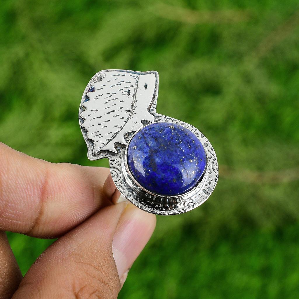 Sterling Silver Round Natural Lapis Lazuli Bezel Solitaire Elegant Ring Jewelry