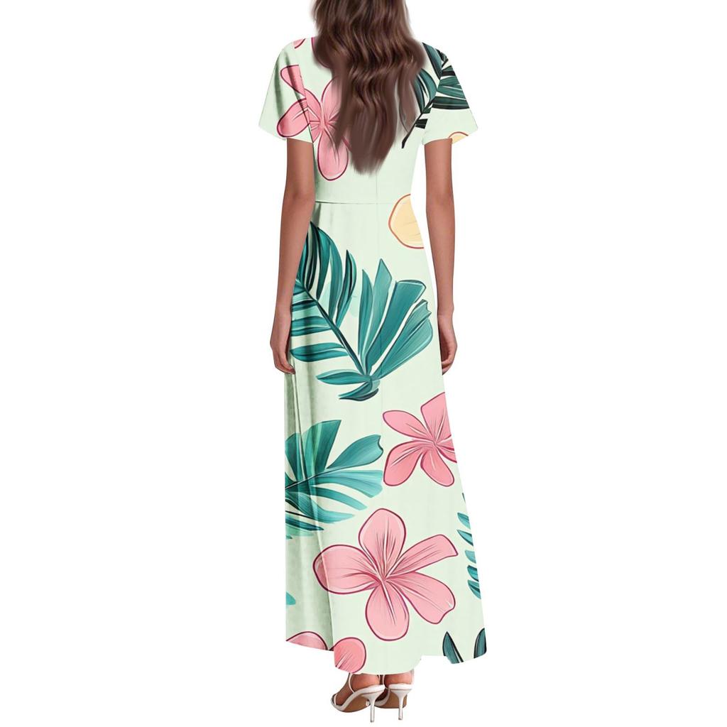 Women's Summer Casual Fashion Retro Floral Dress V Neck Short Sleeve Dress