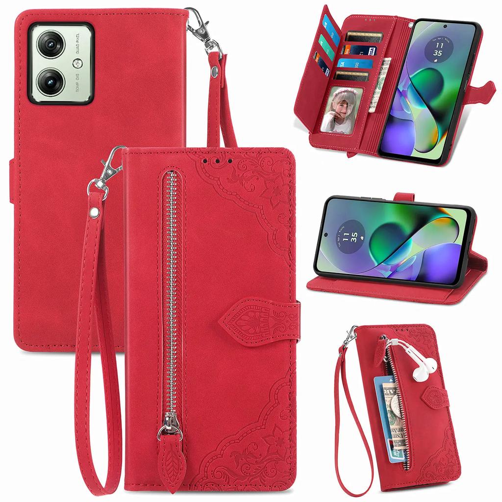 Zipper Cards Solt Leather Wallet Case for Motorola Moto G84 G54 G73 G53 G23 G72 G32 G60 G42 G52 Purse Pocket Stand Flower Cover