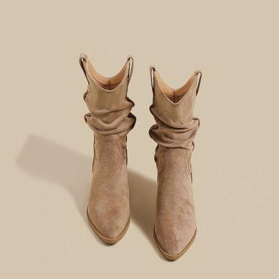 2025 осень и зима новые ботинки Мартин на толстом каблуке женские ретро пустошь ветер плиссированные полусапоги на высоком каблуке замшевые рыцарские ботинки