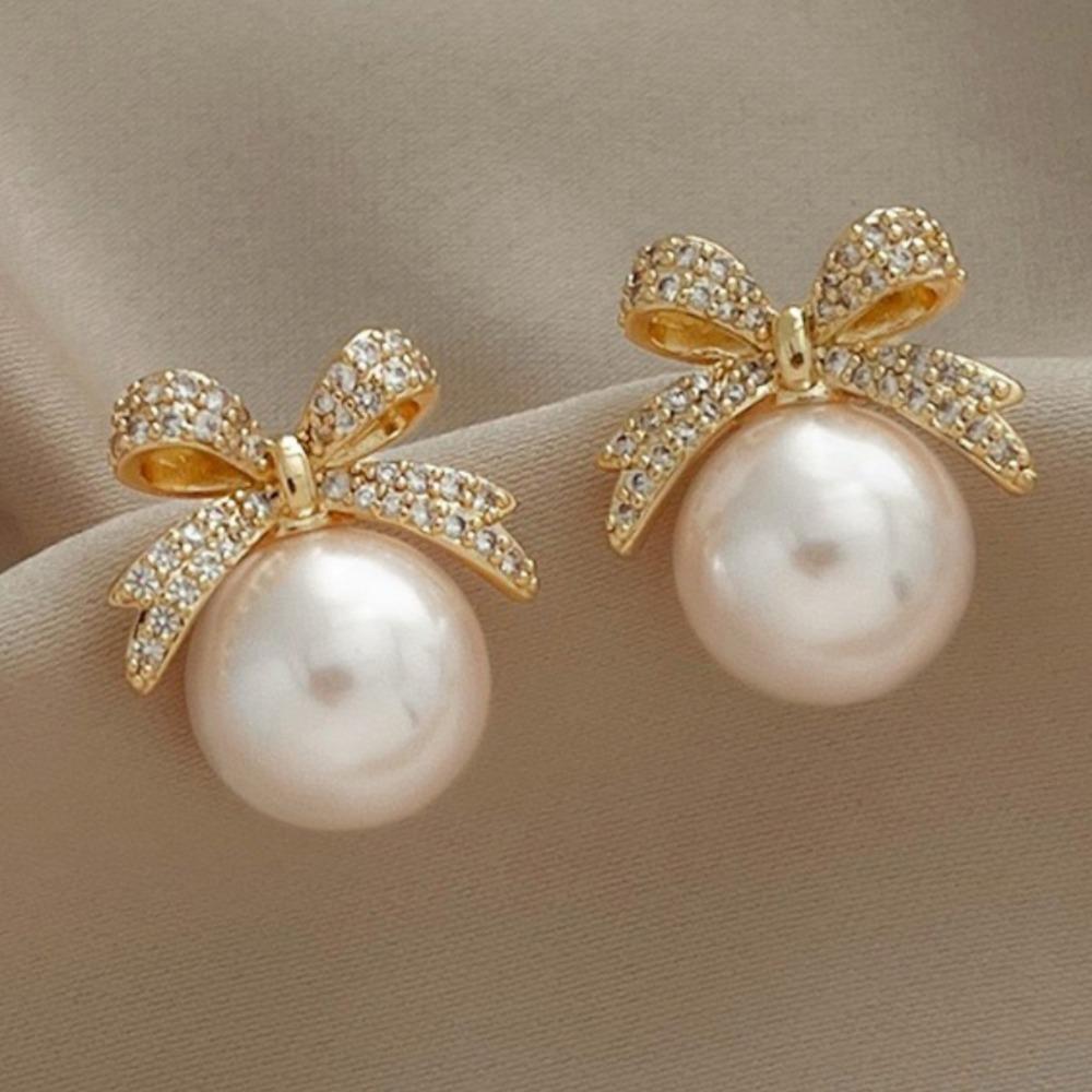 Jewelry Accessories Bow Pearl Ear Studs Bowknot Bow Pearl Ear Hook Bow Pearl Earrings  Lady/Gifts