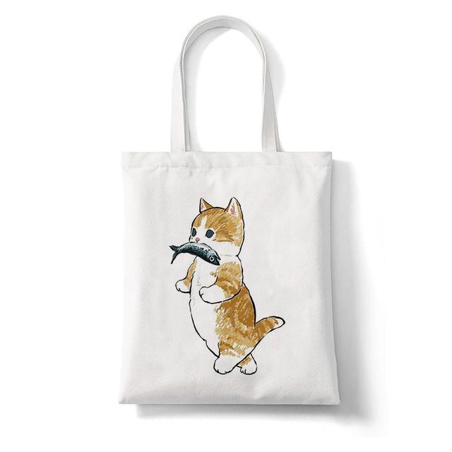 Harajuku Kawaii Cat Cartoon Canvas Bag Shopper Bag Letter Print Large Capacity Houlder Bags Shopping Bag Casual Fashion Tote Bag