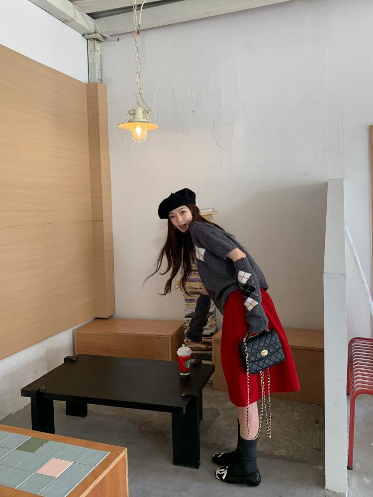 Available: Korean Chic Christmas Red High-Waisted Corduroy Midi Skirt for Women