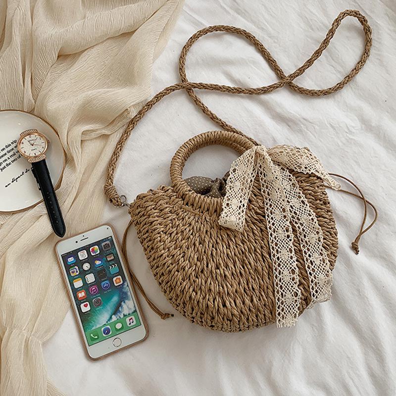 Yogodlns Соломенная сумка женская сумка ручной работы в форме луны с кружевным бантом, сумка из ротанга, большая вместительная повседневная пляжная сумка через плечо на шнурке