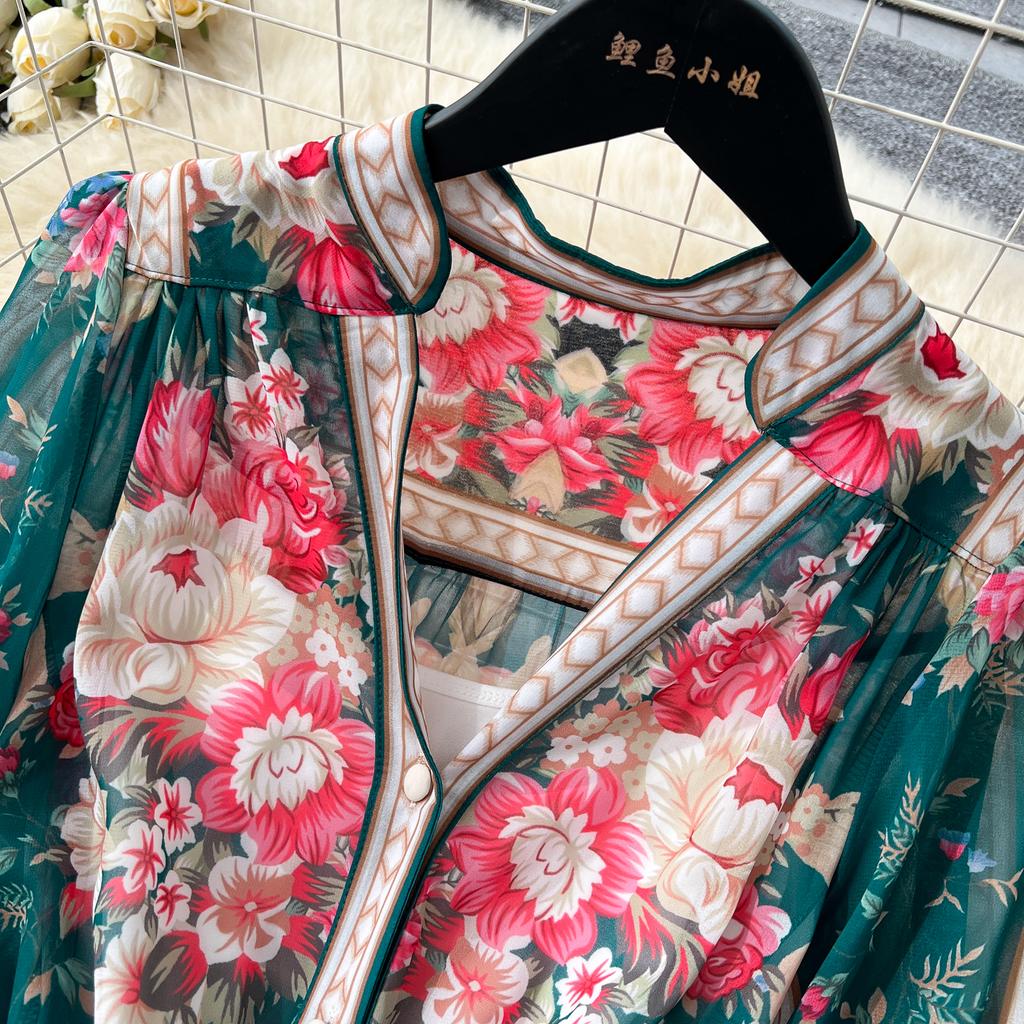 Spring Summer Women V-neck Vintage Print Chiffon Runway Dress Single Breasted Long Maxi Loose Holiday Beach Dresses with Belt