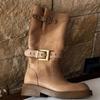 Retro Belt Buckle Round Toe Fashion Boots Women's Autumn Winter Thick Bottom Mid-Calf Slimming Knight Boots British Style