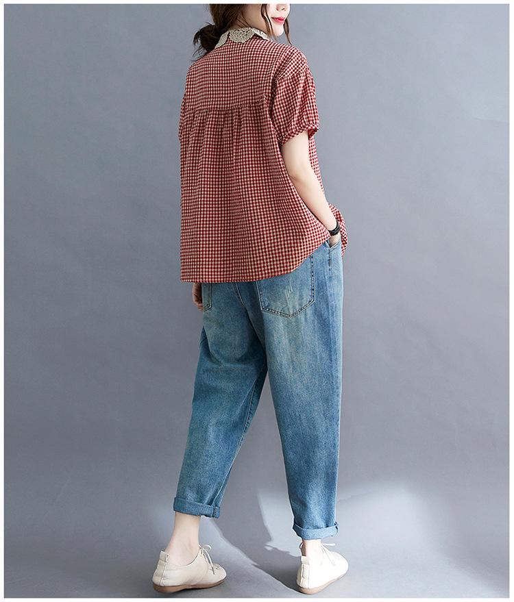 2021 Лето Большой размер Пэчворк Женская Хлопково-льняная Клетчатая Блузка с воротником Питер Пэн Приталенная С коротким рукавом