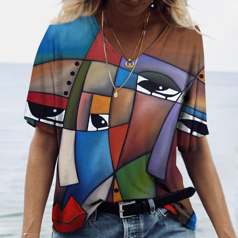 Винтажная женская футболка с V-образным вырезом, модный топ с абстрактным принтом лица 3D, уличный стиль, короткий рукав, футболка