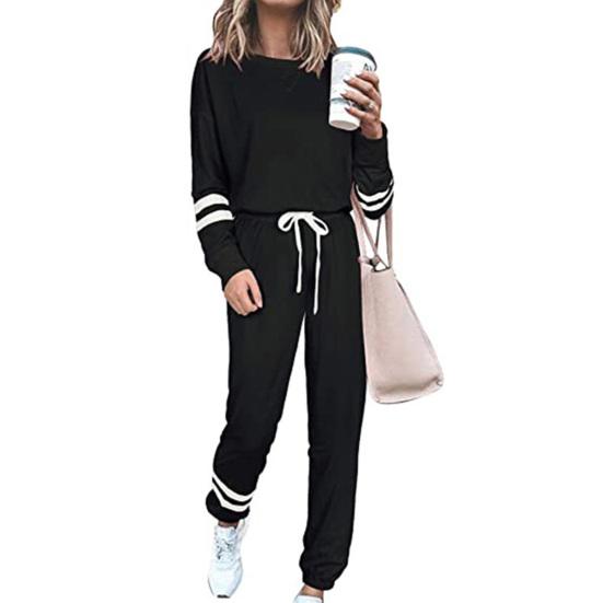 2 Pcs/Set Women Top Pants Suit Round Neck Long Sleeves Striped Solid Color Sweatshirt Drawstring Elastic Waist Trousers