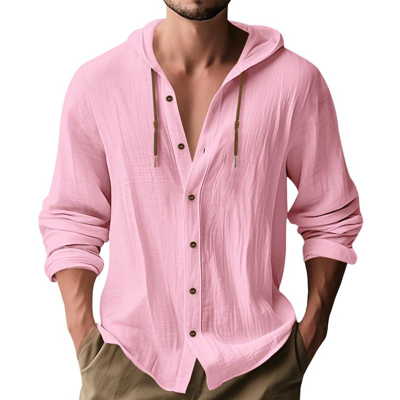 Men's Linen Blend Hooded Button Down Shirt Casual Long Sleeve