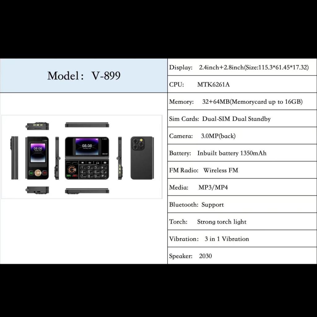 V-899 2G складной мобильный телефон 2,8-дюймовый двойной экран 32 МБ ОЗУ 64 МБ ПЗУ MTK6261A две SIM-карты 3,0-мегапиксельная камера Type-C FM Mp4 Torch мобильный телефон