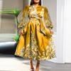 Women Plus Size Stand Collar Satin Printed Long Sleeve Dresses