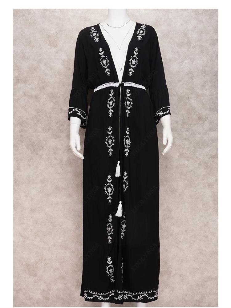 EDOLYNSA Сексуальное черное кимоно с вышивкой, женское кафтан с бахромой, корсет, туника, летнее пляжное платье макси, пляжная одежда больших размеров, купальный костюм, накидка