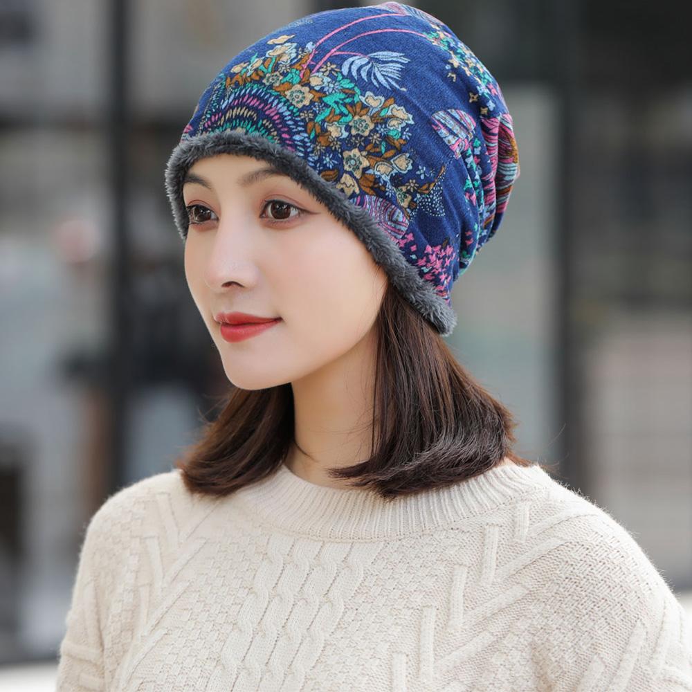 Soft Winter Fashion Warmer Soft Print Flower Neck Warm Women Hat Bib Hats Velvet Bonnet Beanie