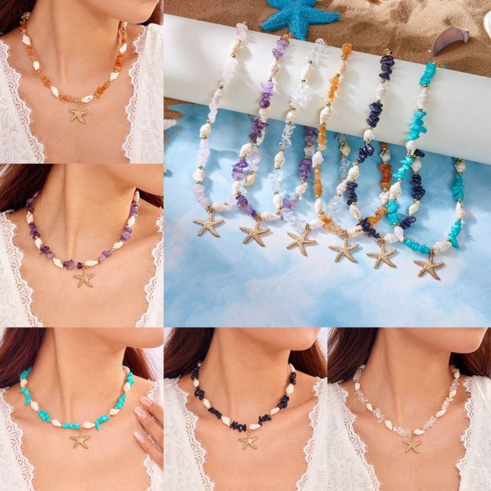 Bohemian Style Starfish Pendant Necklace Niche Design Irregular Stone Choker Holiday Party