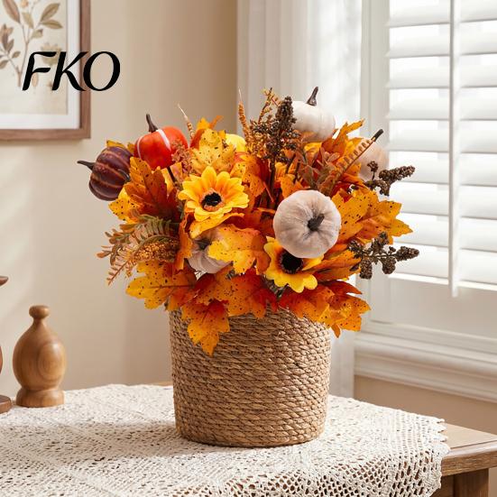 Reusable Autumn Bouquet Artificial Fall with Fabric Pumpkins Maple Leaves Wheat Berries, Orange Yellow Brown Home Decor for Thanksgiving Centerpieces,