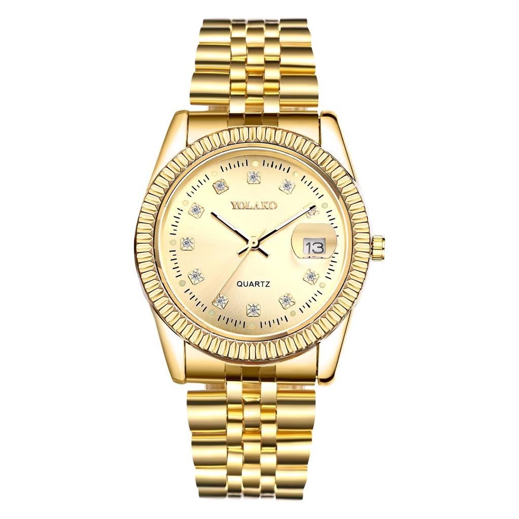 Gold Simple Stylish Diamond Analog Display Stainless Steel Calendar Waterproof Gold Pair Watch Pair Watch Quartz Leisure Business Couple Fashion