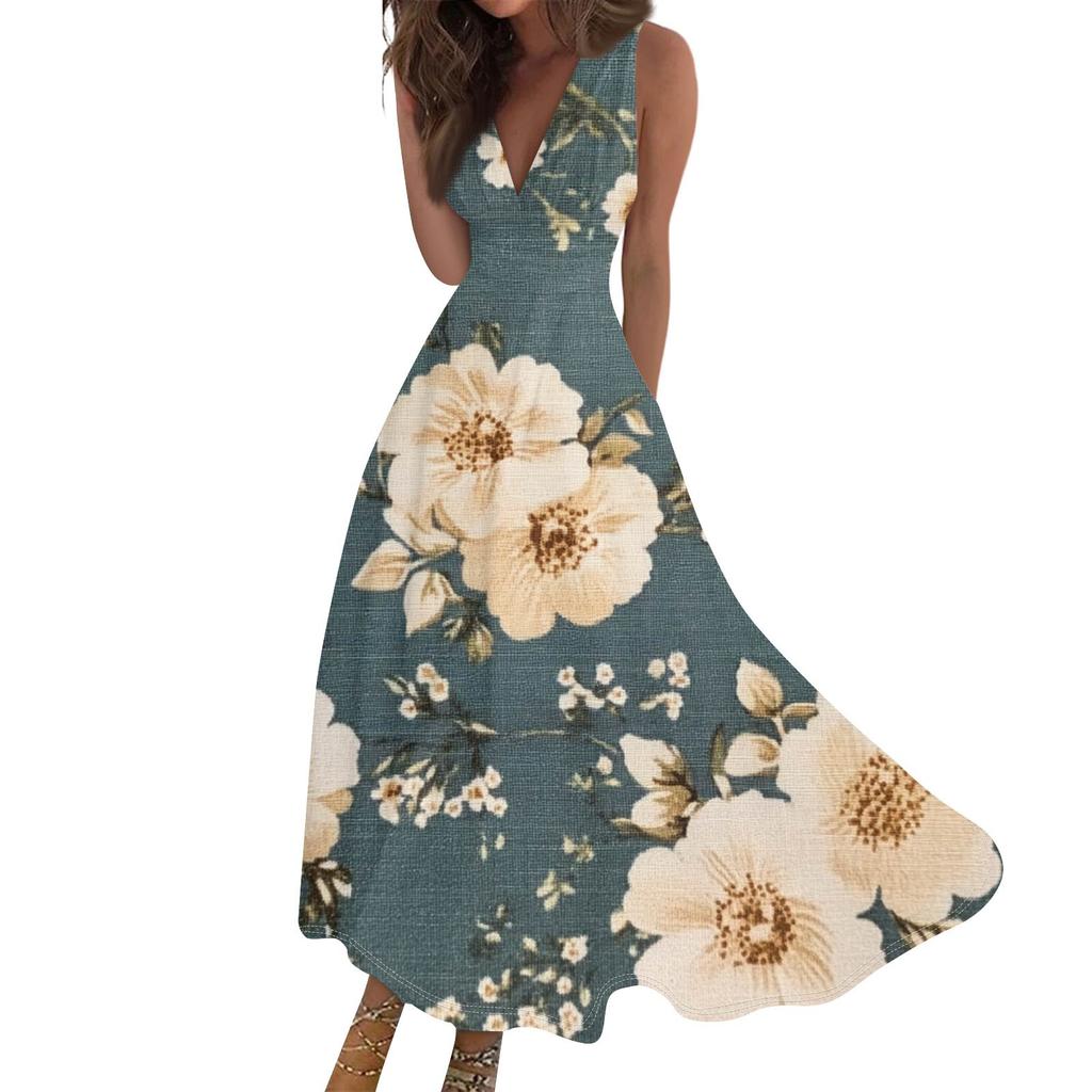 Женские модные повседневные свободные платья с V-образным вырезом без рукавов с принтом