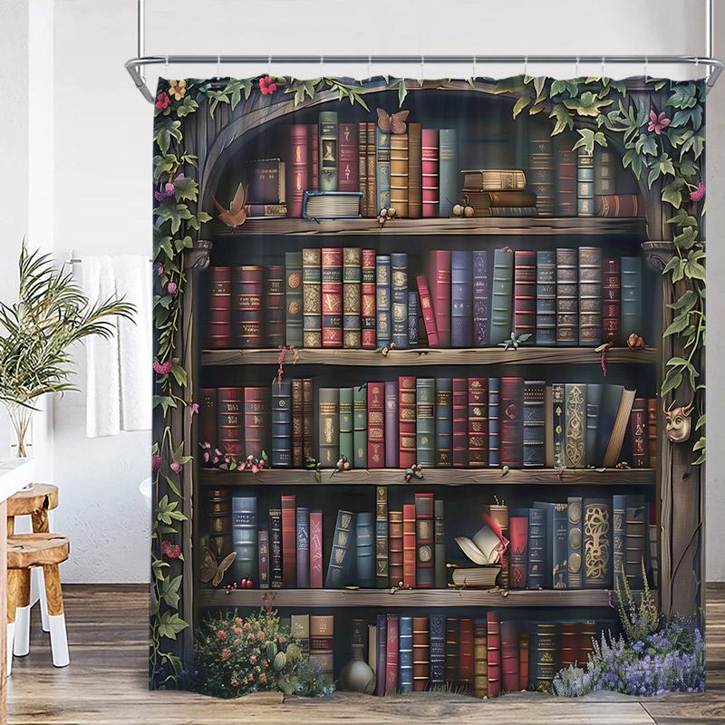 Винтажная книжная полка Шторки для душа Зеленые виноградные листья Цветочный Череп Ретро Книги Современный Полиэстер Ткань Домашняя Ванная Комната Шторка Декор