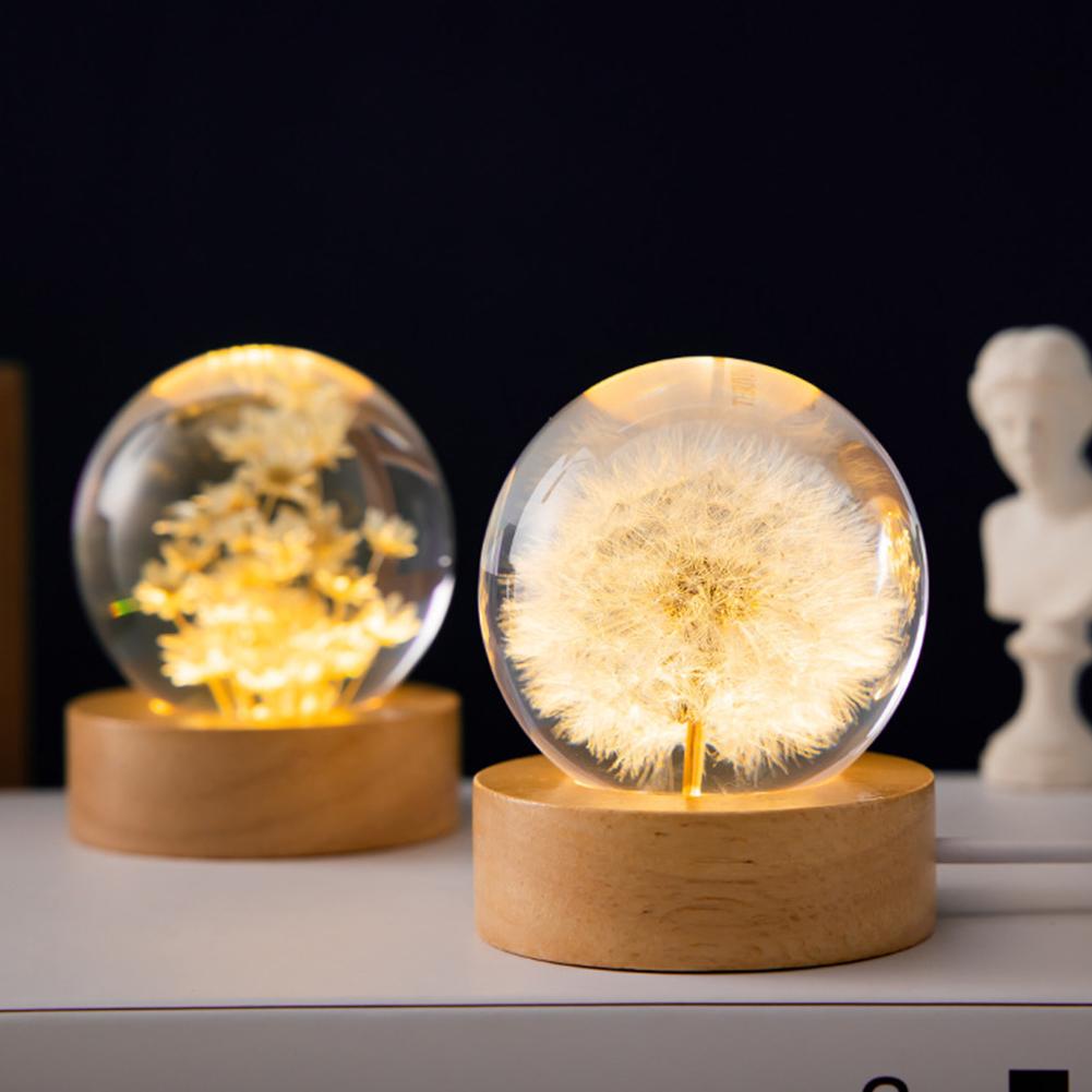3D Crystal Ball Crystal Flower Night Light Dandelion Crystal Ball Night Lamp Birthday Gift Home Desktop Decoration with Base
