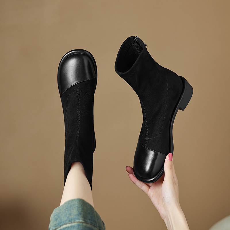 Krazing Pot Флок Осенне-зимняя обувь Низкий каблук Размер 43 Стрейч-сапоги Задняя вставка Прямой стиль Эластичные ботильоны