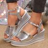Fashion Silver Wedge Heels Sandals for Women Summer 2025 Chunky Platform Beach Sandals Woman Ankle Strap Thick Sole Sandalias