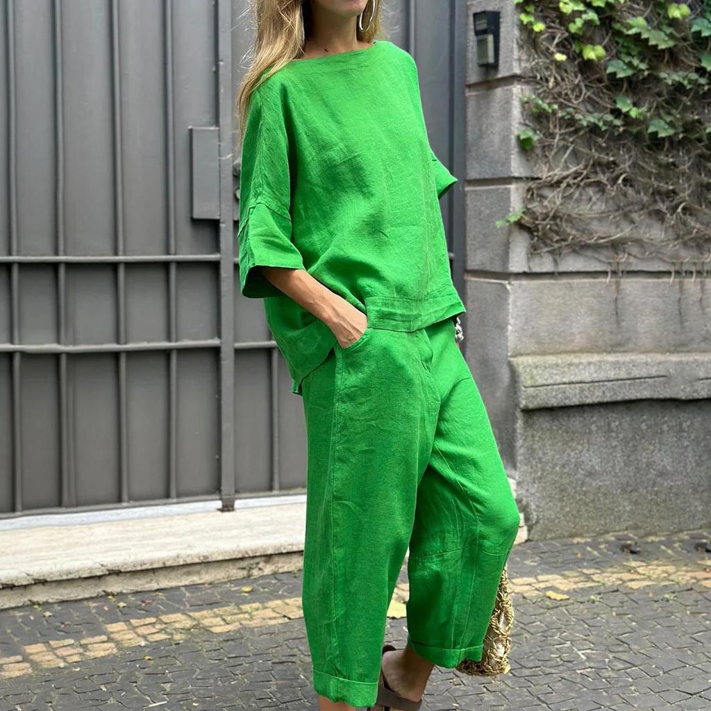 Весна/Лето Свободный хлопковый льняной жакет с высокой талией и брюки спортивный костюм для отдыха