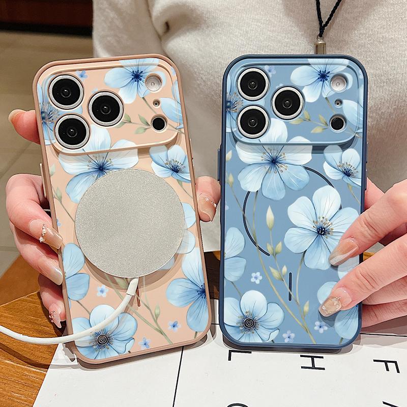 Красивый чехол с узором из небесно-голубых цветов для iPhone 17 Pro Max Магнитный для Magsafe Покрытие с ощущением кожи для iPhone 16 15 14 13 Pro Max