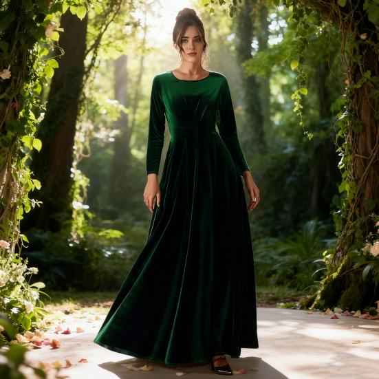 Женское бархатное платье макси, повседневное, с круглым вырезом, длинными рукавами, А-силуэта, платье-свинг, осеннее, для коктейльной вечеринки, формальное платье для гостьи на свадьбе