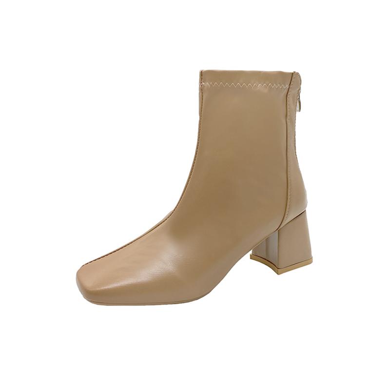 Повседневные женские сапоги на толстом каблуке среднего каблука, женские новые зимние короткие сапоги с квадратным носком и молнией сзади, увеличивающие голенище