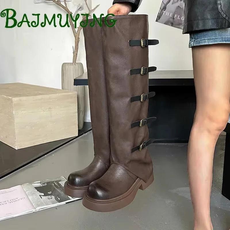 Роскошные сапоги на платформе до колена, кожаные женские туфли в стиле панк, модные туфли на толстом каблуке с пряжкой 2025 года, тренд зимы и снега, Botas Mujer Zapatos