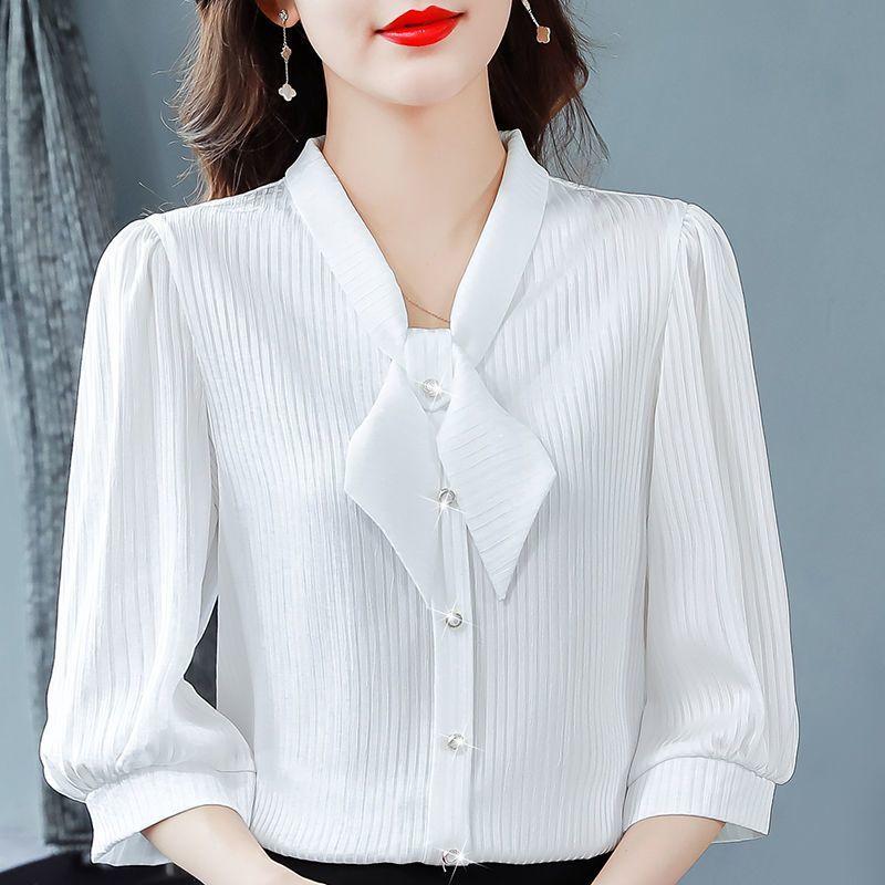 Summer Women's Seven Quarter Sleeved Mom's V-neck Loose Slimming Top Chiffon Shirt
