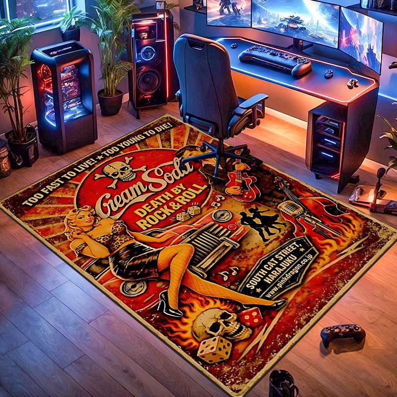 Cream soda skull-themed rug, suitable for living room, bedroom, game room, computer room and home décor.