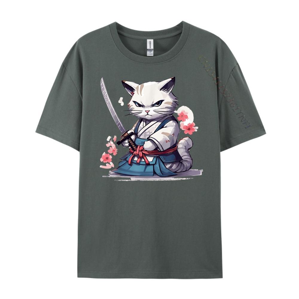 Cat With Katana Japan Cat Samurai Warrior Funny Shirts T Shirts For Unisex Plus Size Family Fashion T Shirt Unisex Cotton T Shirt Men