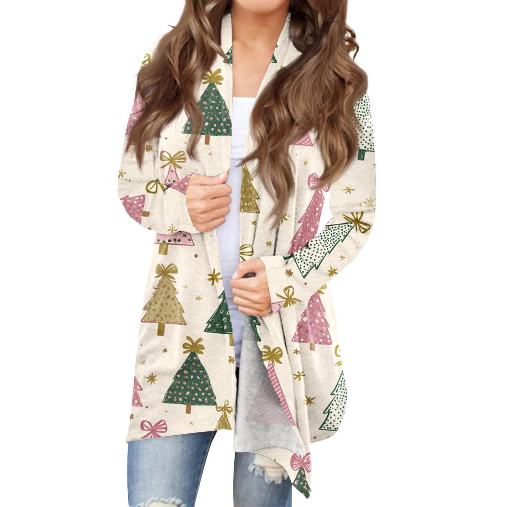 Women's Fashionable Loose-Fit Casual Cardigan With Christmas Print Mid-Length Coat