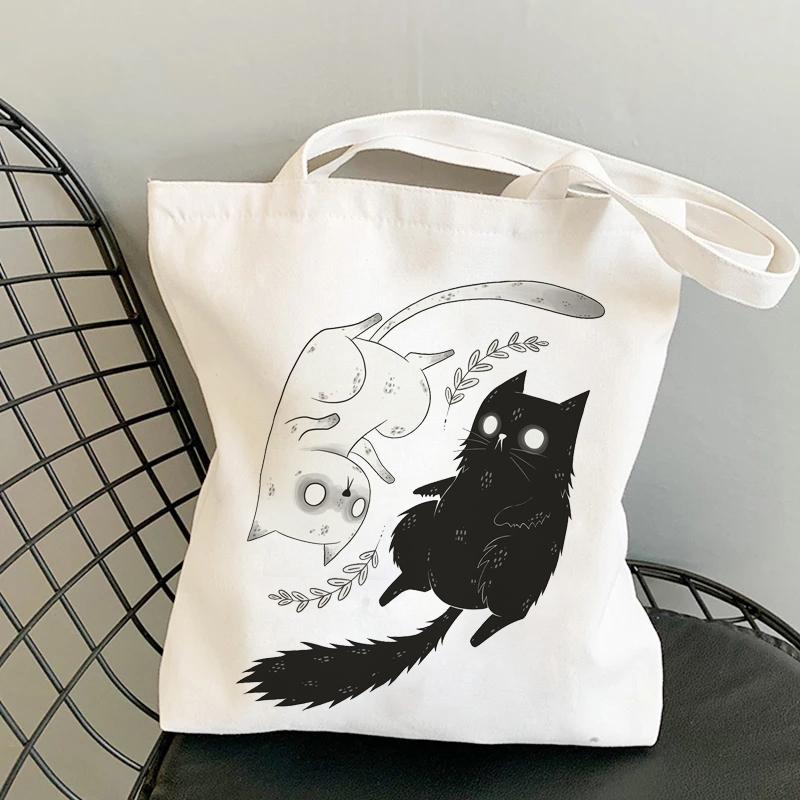 Cat Shopping Canvas Womens Bag Casual Large Capacity Shoulder Bags Reusable Shopper Tote Bags Fashion Harajuku Ulzzang Handbags
