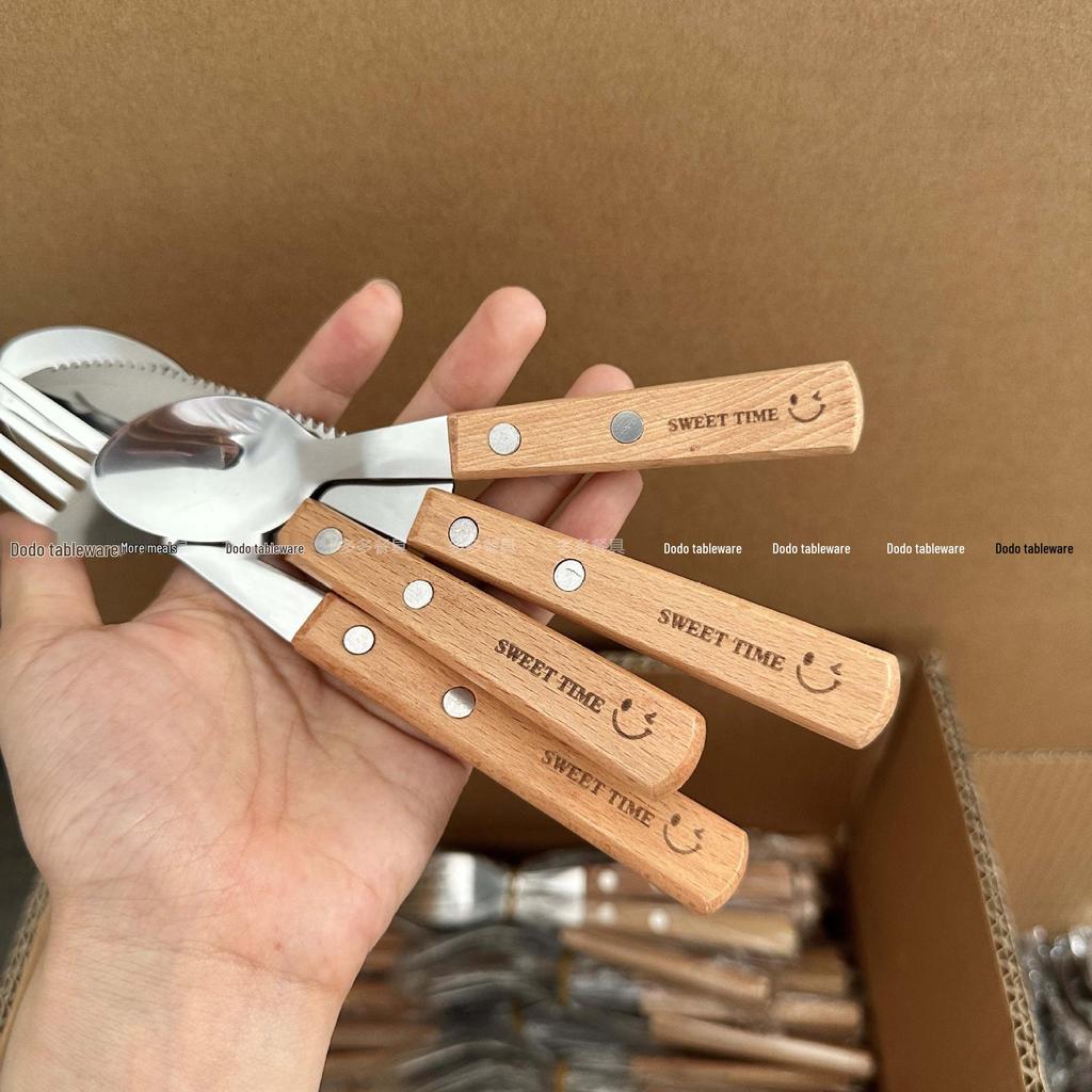 Stainless Steel Cutlery Set with Wood Handles and Smiley Logo - Knife, Fork, Spoon for Desserts and Dining.
