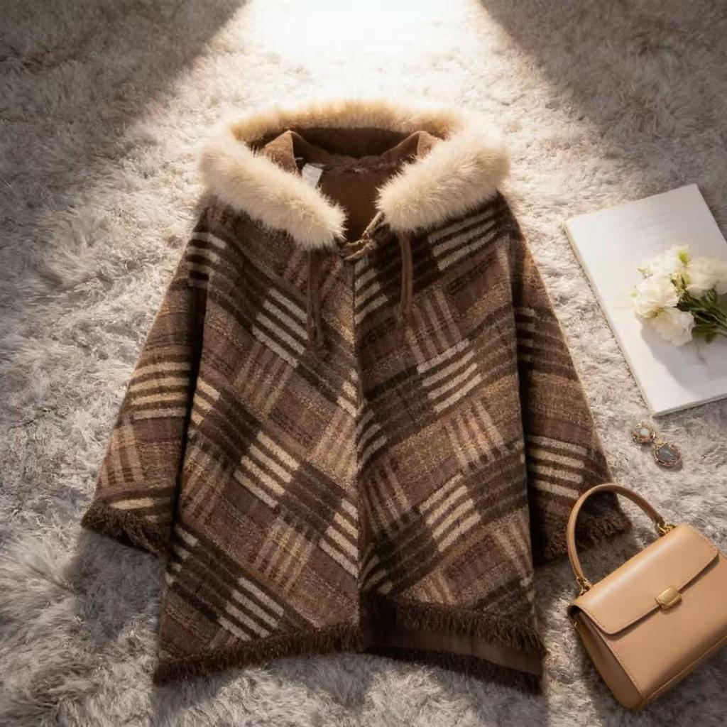 Высококачественный клетчатый кейп-шаль-пальто в стиле Майяра для женщин, маленькие размеры - Издание Осень/Зима 2026