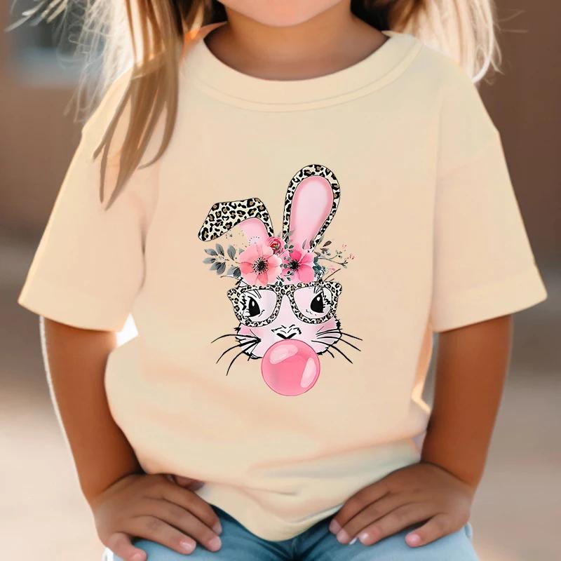 Футболки для девочек Bunny 3-14 лет Футболки Bad Cartoon Футболки Bubble Sugar Rabbit Fashion Kids Футболки Harajuku с леопардовым принтом Футболки с кроликами