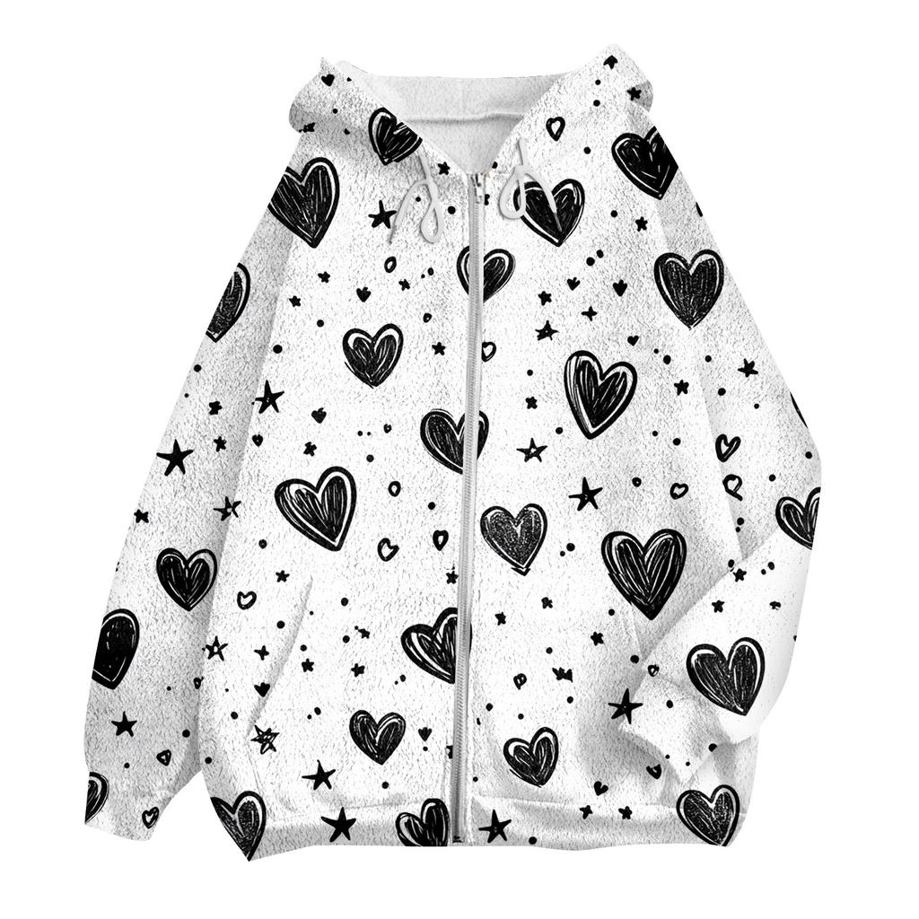 Women's Fashion Casual Long Sleeve Valentine's Day Print With Pocket Zipper Cardigan Jacket