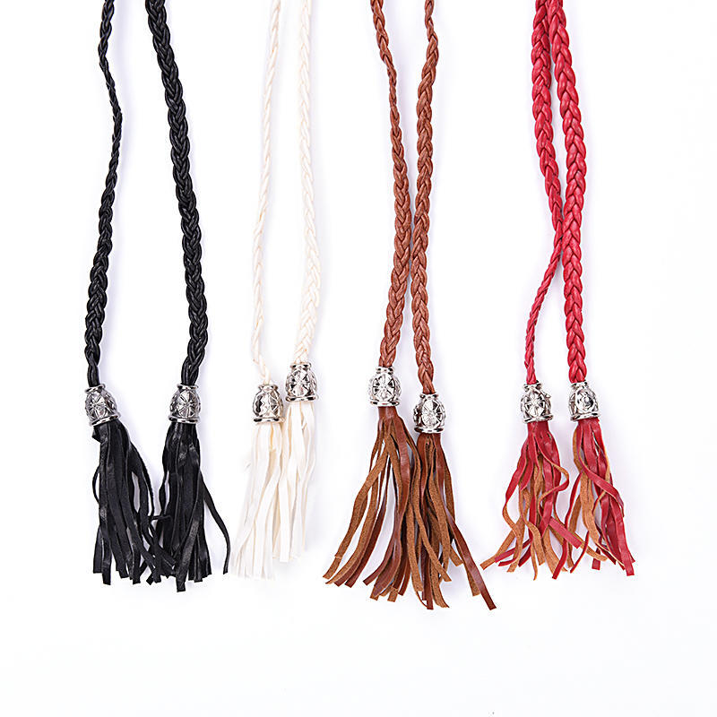 Boho Women Simple Pu Leather Tassel Braided Self-Tie Belt Thin Waist Rope Belt