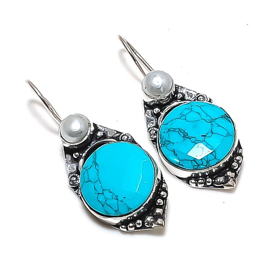 Santa Rosa Turquoise, Pearl Gemstone 925 Sterling Silver Earring 1.69"