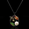 Peony Tree Vine Natural Stone Lizard Black Gold Double Color Enamel Necklace Christmas Gift