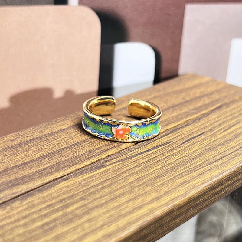 2026 Sweet and Cool Colorful Drip Glaze Temperament Court Style Retro Ring Female Flower Niche Ring
