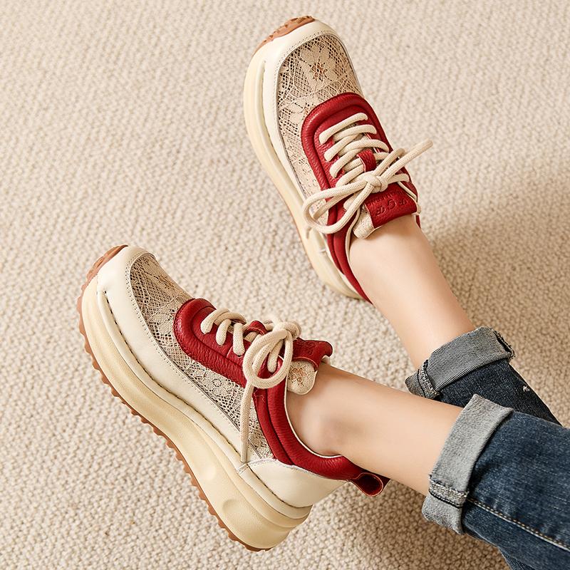 Fashion GKTINOO Sneakers Women Hollow Genuine Leather Retro Flats Thick Soled Lace-Up Summer Lady Handmade Flat Casual Shoes Women