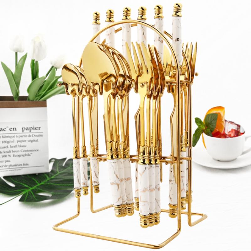 24 шт., набор посуды из нержавеющей стали с имитацией дерева, мраморной ручкой, западный нож, вилка, ложка, столовая посуда с 1 шт., набор держателей