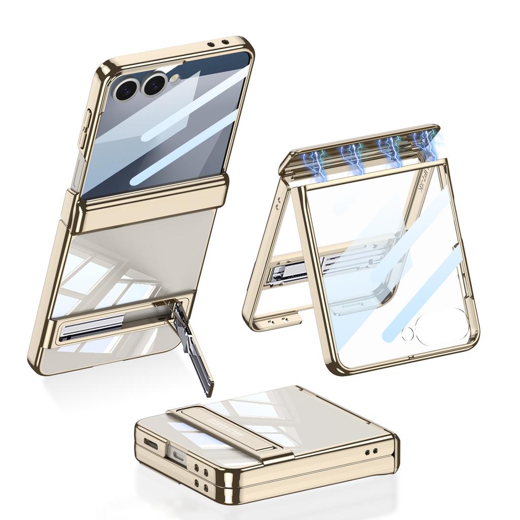 Чехол для мобильного телефона Samsung ZFlip7, складной экран, гальваническое покрытие, магнитная адсорбция, полная упаковка, чехол-подставка, пленка для защиты вала, чехол с жесткой оболочкой
