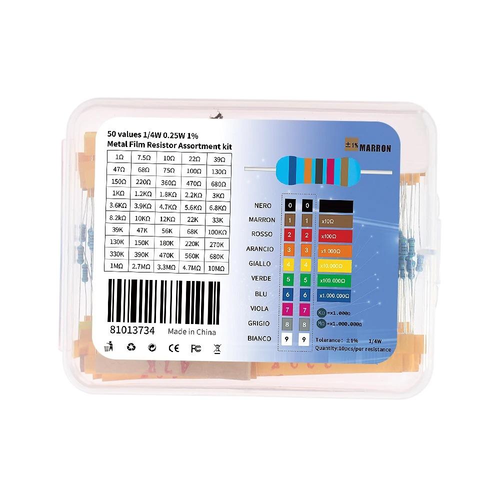 500 шт., 50 значений, 1/4 Вт, набор резисторов в ассортименте, комплект металлопленочных резисторов 1 Ом ~ 10 м, высококачественный набор резисторов 39 К, 47 К, 56 К, 68 К