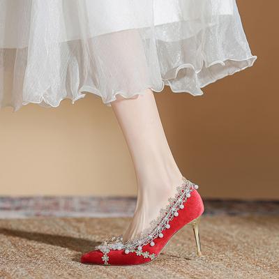 Красивые свадебные туфли для невесты, нишевые, с высоким чувством, жемчужные, в стиле ретро, красные туфли на высоком каблуке, женские, весенние 2025, новые модели