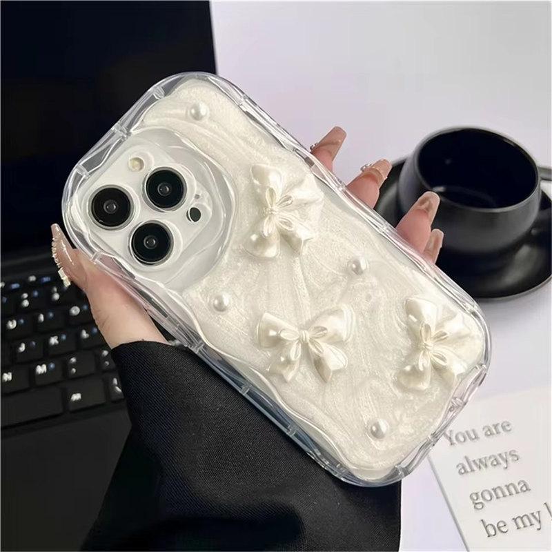 Cute Korean 3D Bow Pearl Phone Case For iPhone 15 14 13 12 11 Pro Max 14 Plus XS XR XS Max Shockproof Soft Cover